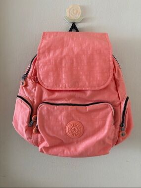 Kipling Coral Pink Nylon Backpack with Front and Side Pockets